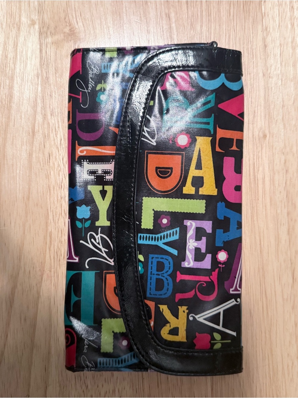 Vera Bradley Black Wallet Phone Case with Multicolor Alphabet